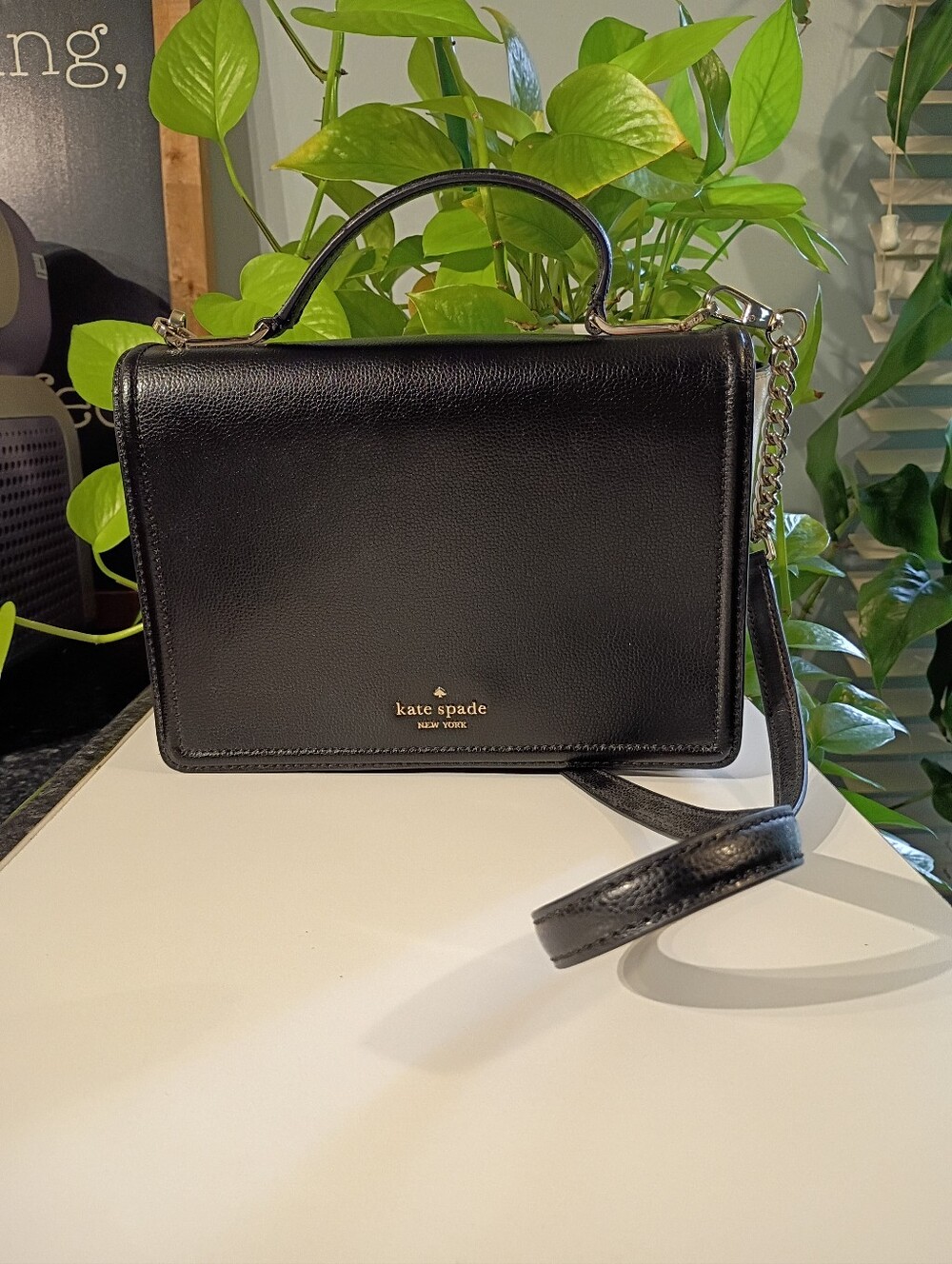 kate spade Black Leather Top-Handle Satchel with Gold Logo